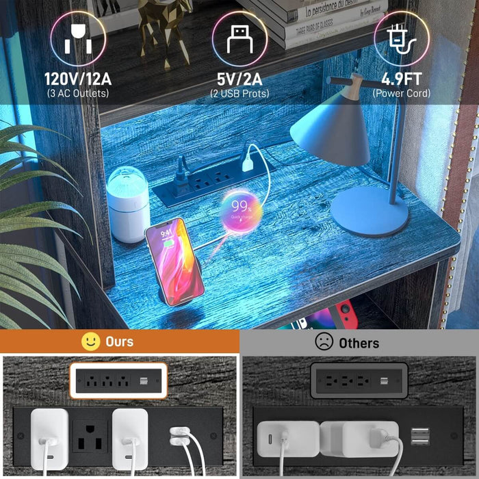 47'' Nightstand with Charging Station and LED Lights