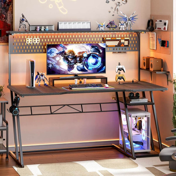 Gaming Desk with Hutch and LED Lights, Computer Table with Storage Shelves