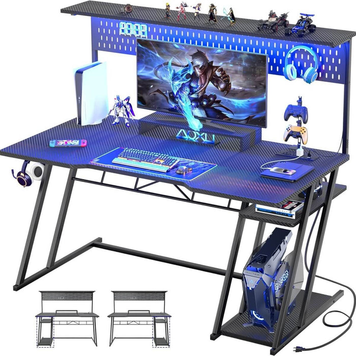Gaming Desk with Hutch and LED Lights, Computer Table with Storage Shelves