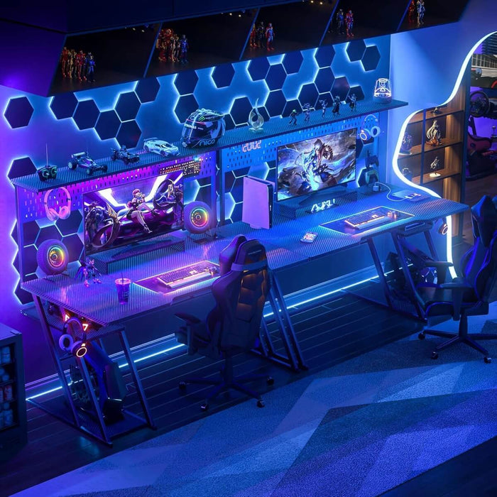 Gaming Desk with Hutch and LED Lights, Computer Table with Storage Shelves
