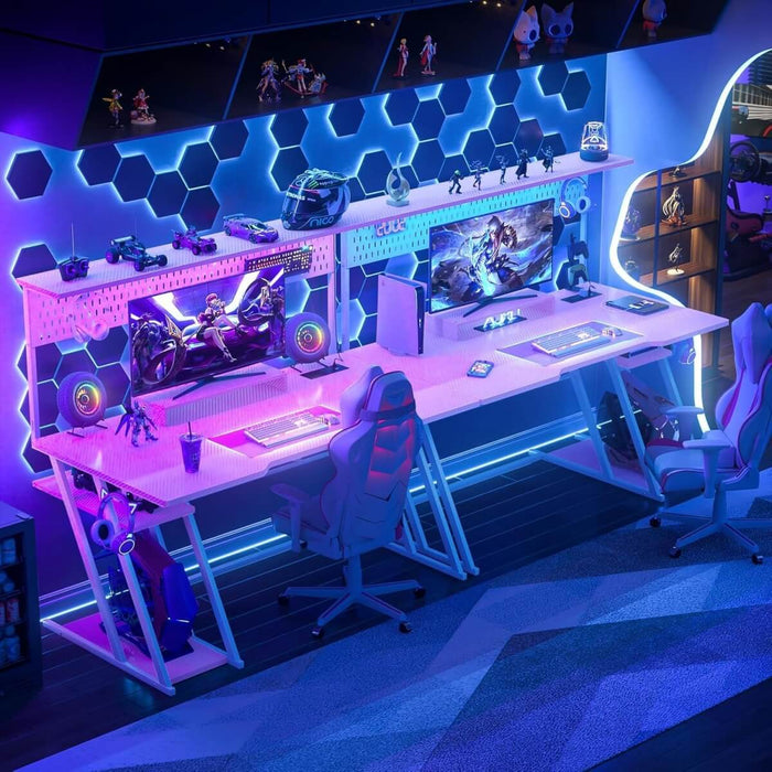Gaming Desk with Hutch and LED Lights, Computer Table with Storage Shelves