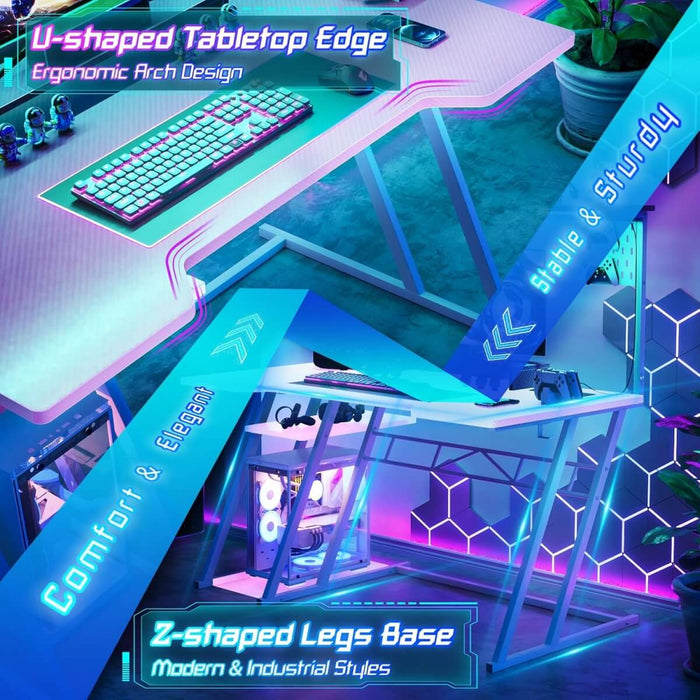 Gaming Desk with Hutch and LED Lights, Computer Table with Storage Shelves