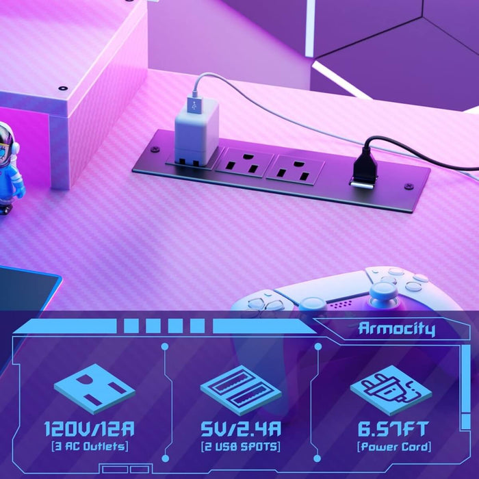 Gaming Desk with Hutch and LED Lights, Computer Table with Storage Shelves