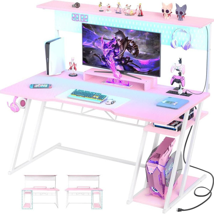 Gaming Desk with Hutch and LED Lights, Computer Table with Storage Shelves