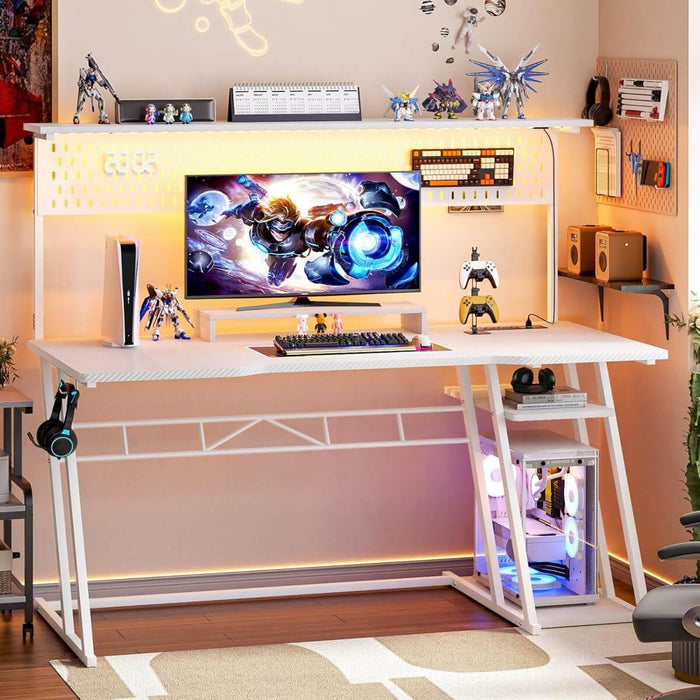 Gaming Desk with Hutch and LED Lights, Computer Table with Storage Shelves
