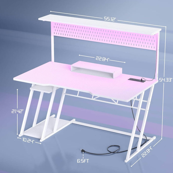 Gaming Desk with Hutch and LED Lights, Computer Table with Storage Shelves