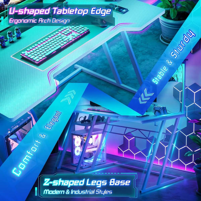 Gaming Desk with Hutch and LED Lights, Computer Table with Storage Shelves