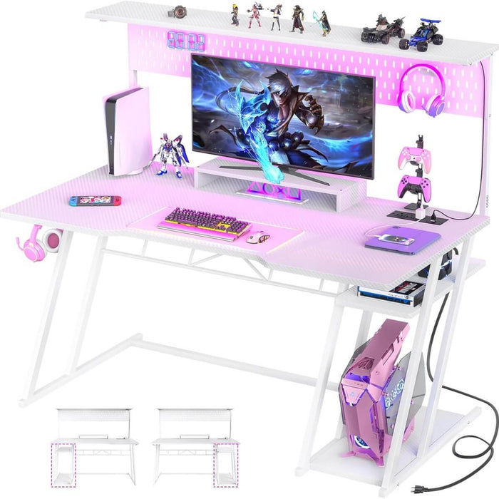 Gaming Desk with Hutch and LED Lights, Computer Table with Storage Shelves