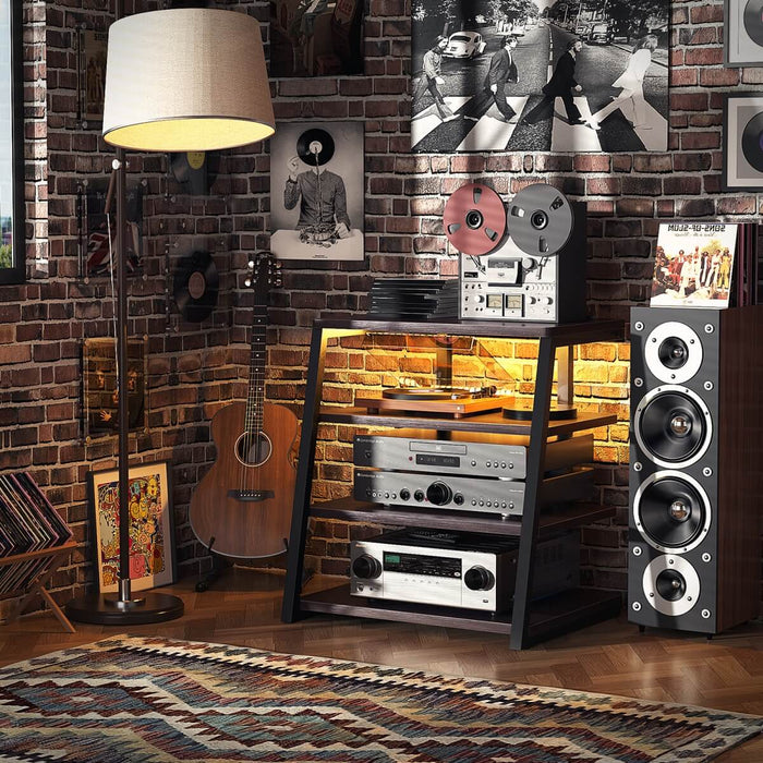 4-Tier Wooden AV Component Media Stand with Power Outlets and LED Lights