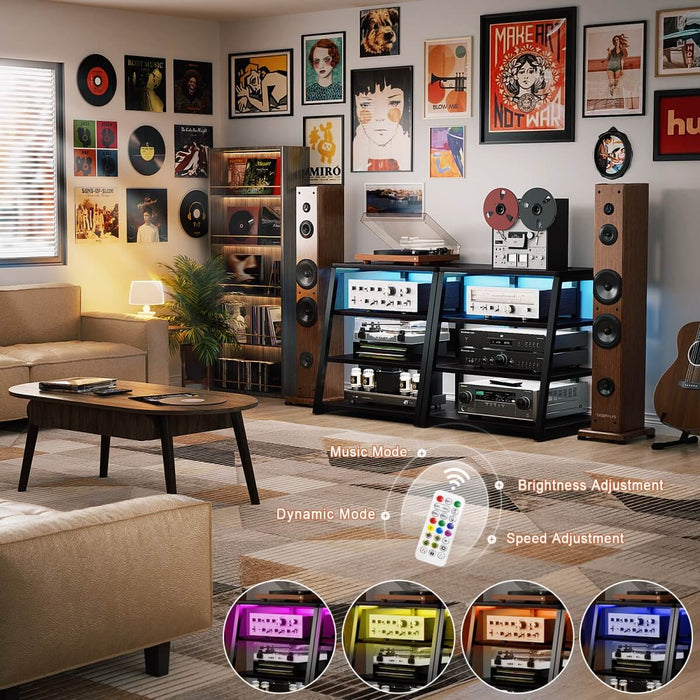 4-Tier Wooden AV Component Media Stand with Power Outlets and LED Lights