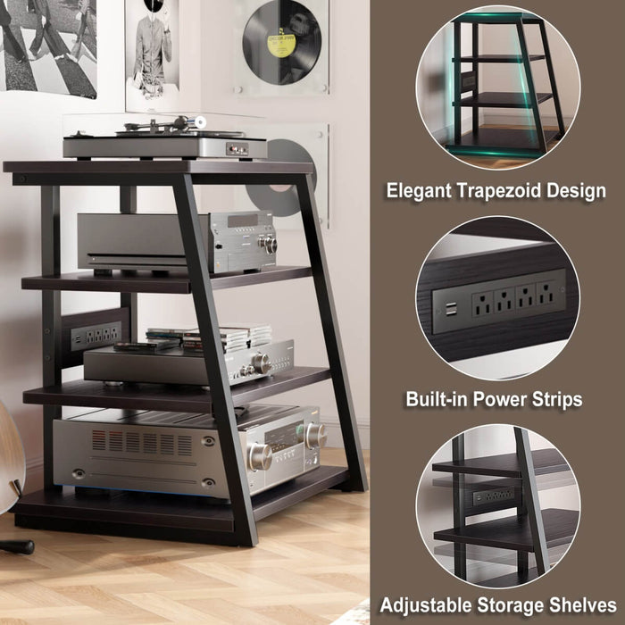 4-Tier Wooden AV Component Media Stand with Power Outlets and LED Lights