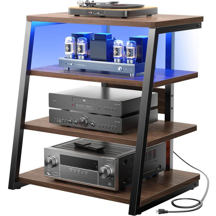 4-Tier Wooden AV Component Media Stand with Power Outlets and LED Lights