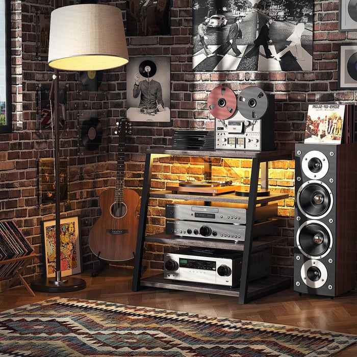 4-Tier Wooden AV Component Media Stand with Power Outlets and LED Lights