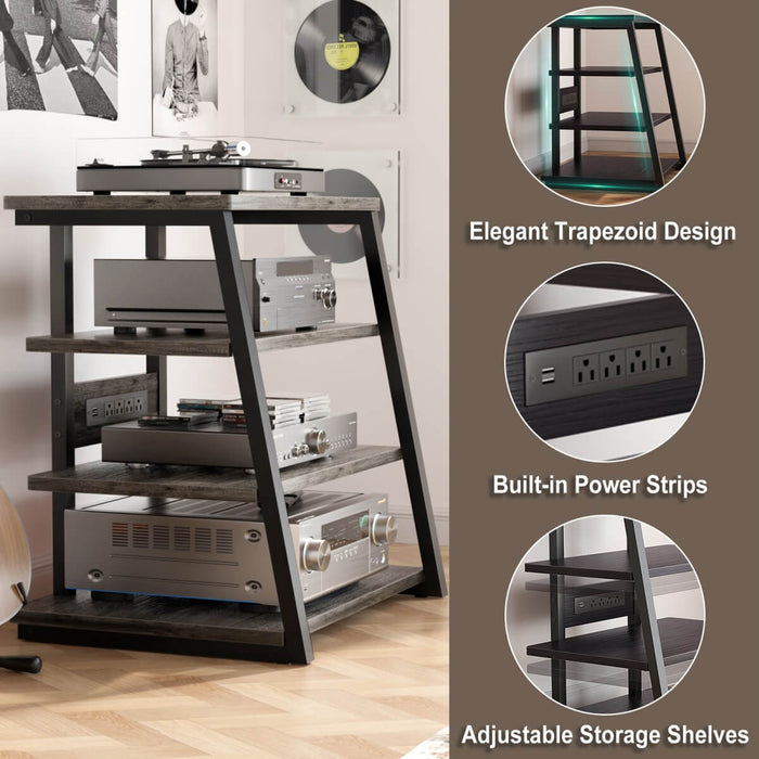 4-Tier Wooden AV Component Media Stand with Power Outlets and LED Lights