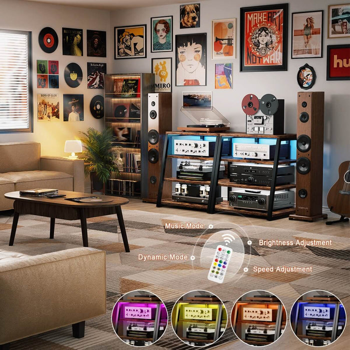 4-Tier Wooden AV Component Media Stand with Power Outlets and LED Lights