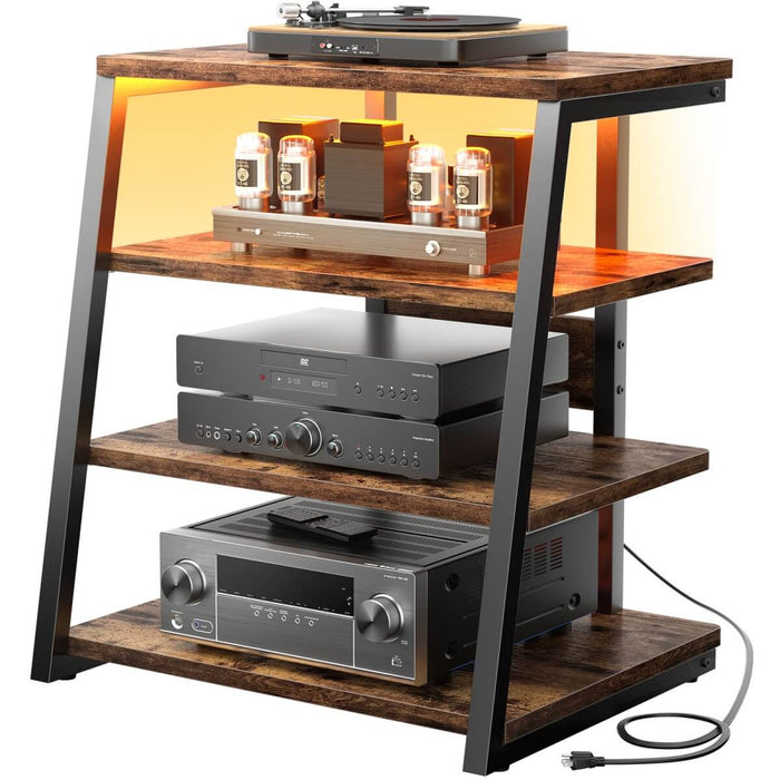 4-Tier Wooden AV Component Media Stand with Power Outlets and LED Lights