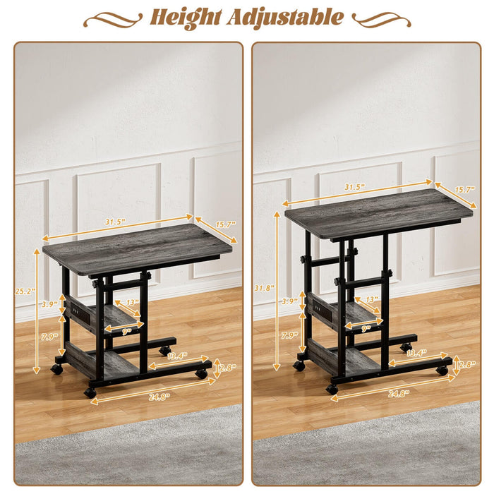 Height Adjustable C-Shaped Table with USB Port and Wheels