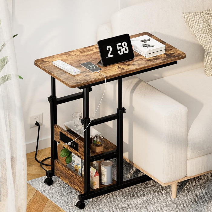 Height Adjustable C-Shaped Table with USB Port and Wheels