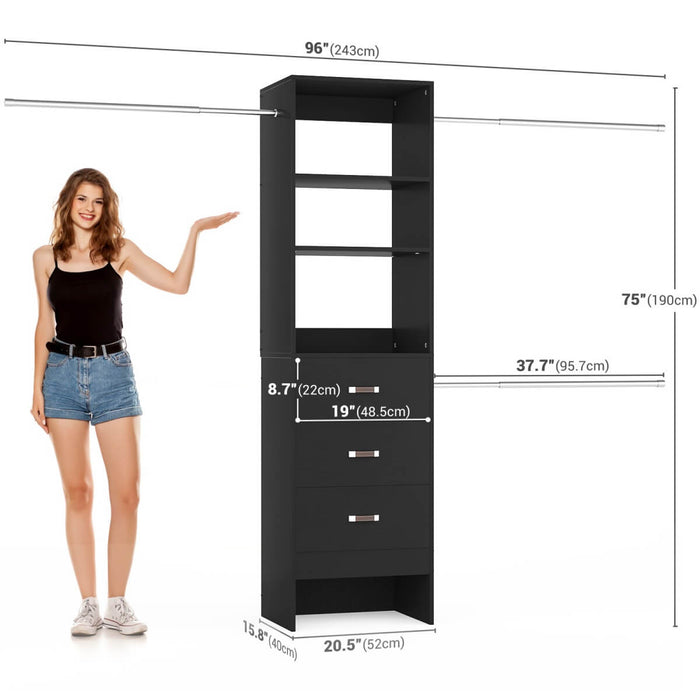 21 - 96 Inch Adjustable Closet System with 3 drawers, Hanging Rods, Storage Shelves