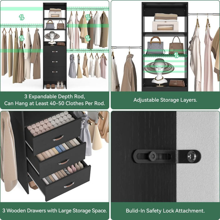 21 - 96 Inch Adjustable Closet System with 3 drawers, Hanging Rods, Storage Shelves