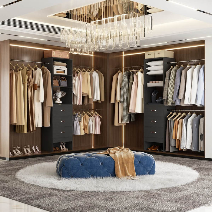 21 - 96 Inch Adjustable Closet System with 3 drawers, Hanging Rods, Storage Shelves