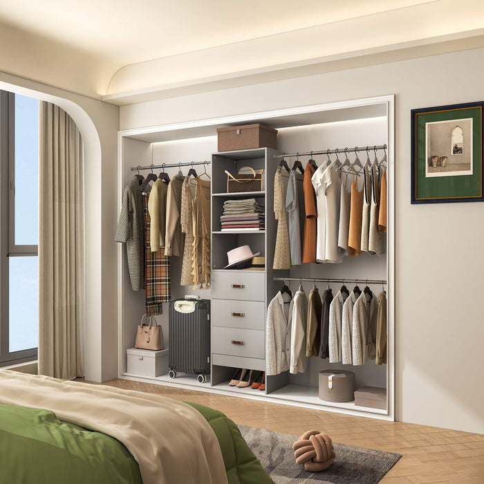 21 - 96 Inch Adjustable Closet System with 3 drawers, Hanging Rods, Storage Shelves