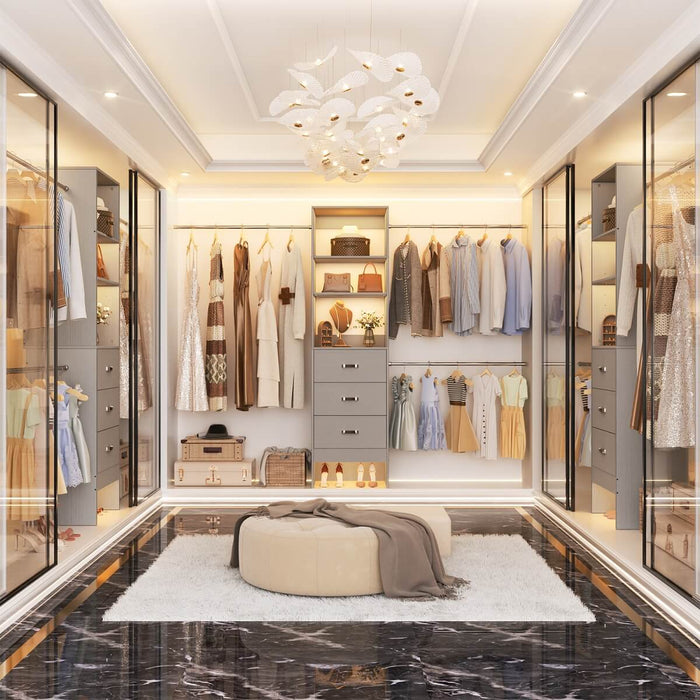 21 - 96 Inch Adjustable Closet System with 3 drawers, Hanging Rods, Storage Shelves