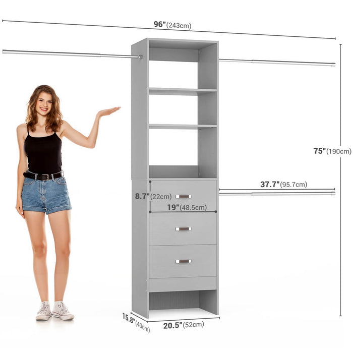 21 - 96 Inch Adjustable Closet System with 3 drawers, Hanging Rods, Storage Shelves