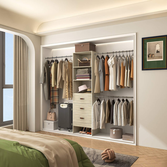 21 - 96 Inch Adjustable Closet System with 3 drawers, Hanging Rods, Storage Shelves