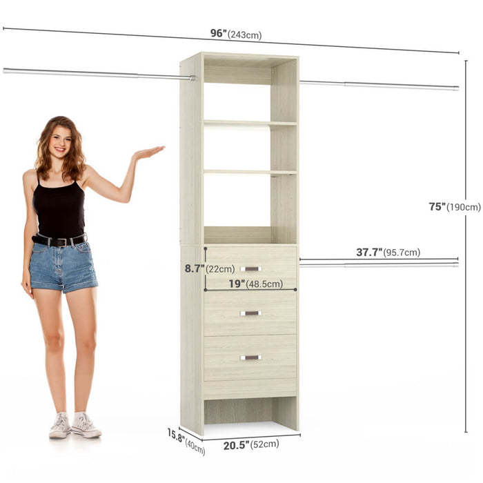 21 - 96 Inch Adjustable Closet System with 3 drawers, Hanging Rods, Storage Shelves
