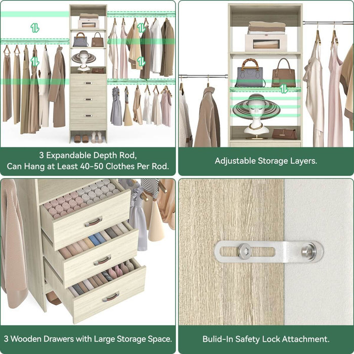 21 - 96 Inch Adjustable Closet System with 3 drawers, Hanging Rods, Storage Shelves