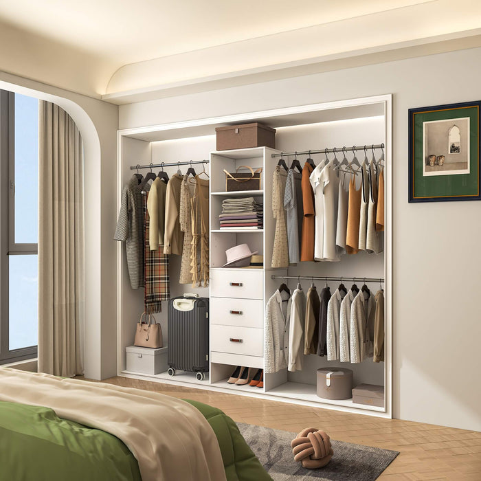 21 - 96 Inch Adjustable Closet System with 3 drawers, Hanging Rods, Storage Shelves