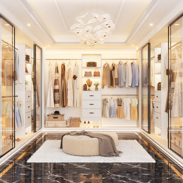 21 - 96 Inch Adjustable Closet System with 3 drawers, Hanging Rods, Storage Shelves