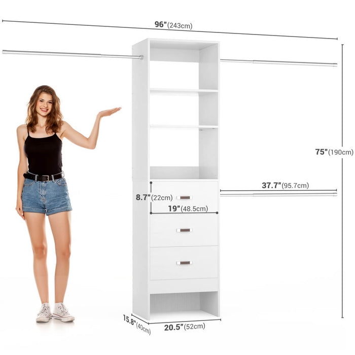 21 - 96 Inch Adjustable Closet System with 3 drawers, Hanging Rods, Storage Shelves