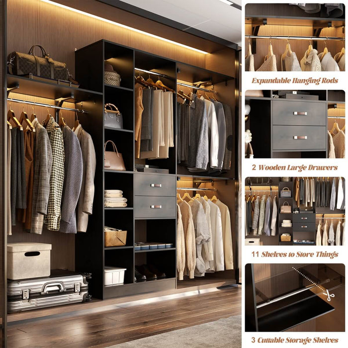 96'' Closet Organizer with 13 Shelves, DIY Closet System with Drawers and Hanging Rods