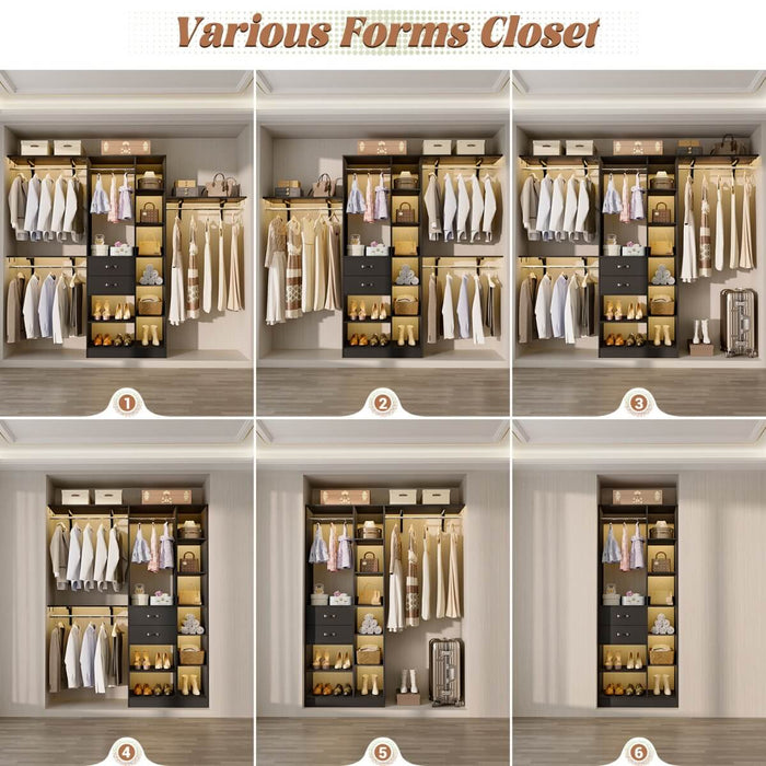96'' Closet Organizer with 13 Shelves, DIY Closet System with Drawers and Hanging Rods
