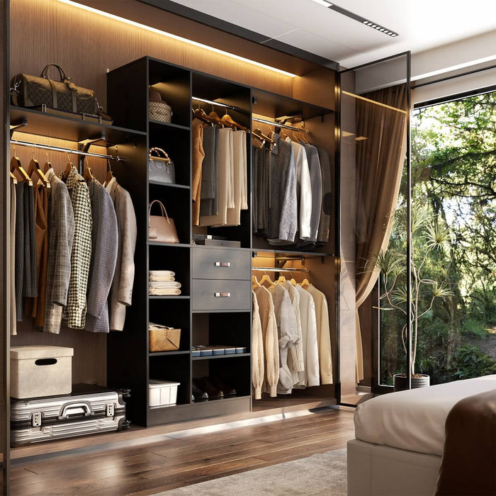 96'' Closet Organizer with 13 Shelves, DIY Closet System with Drawers and Hanging Rods