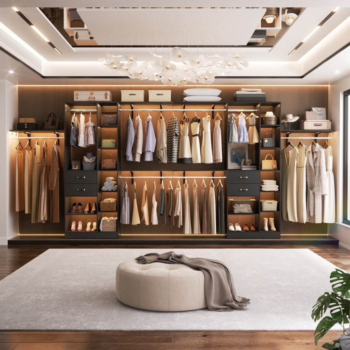 96'' Closet Organizer with 13 Shelves, DIY Closet System with Drawers and Hanging Rods