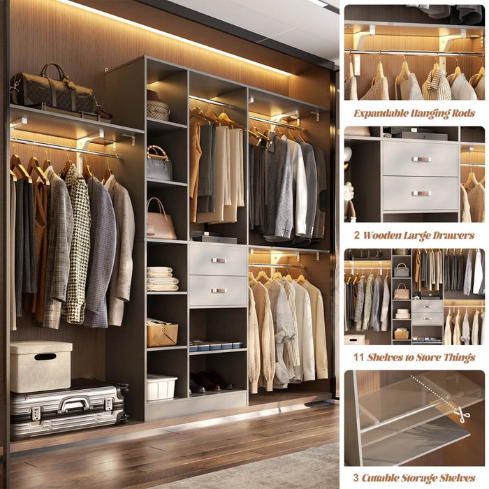 96'' Closet Organizer with 13 Shelves, DIY Closet System with Drawers and Hanging Rods