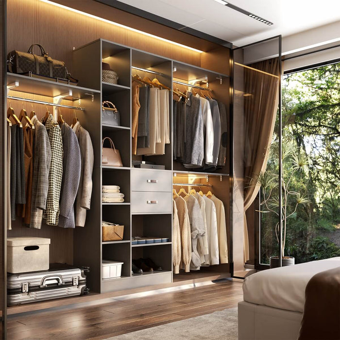 96'' Closet Organizer with 13 Shelves, DIY Closet System with Drawers and Hanging Rods
