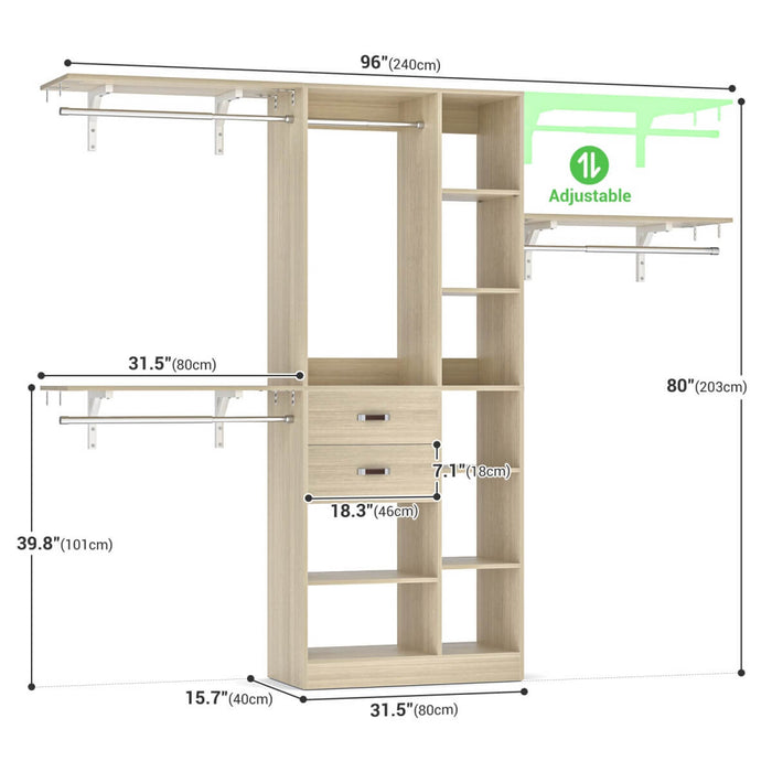 96'' Closet Organizer with 13 Shelves, DIY Closet System with Drawers and Hanging Rods