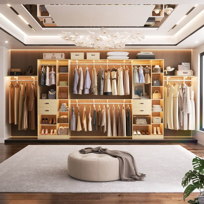 96'' Closet Organizer with 13 Shelves, DIY Closet System with Drawers and Hanging Rods