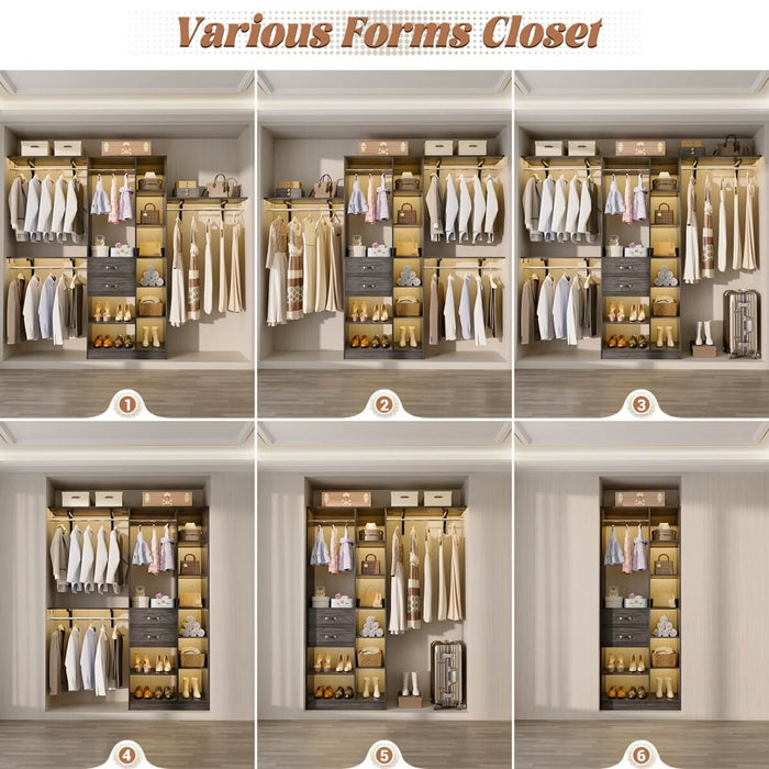 96'' Closet Organizer with 13 Shelves, DIY Closet System with Drawers and Hanging Rods