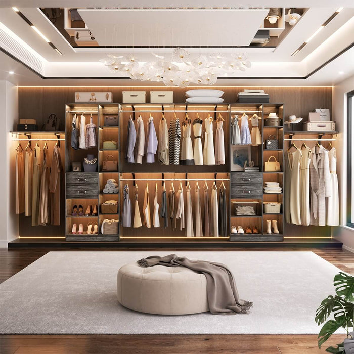 96'' Closet Organizer with 13 Shelves, DIY Closet System with Drawers and Hanging Rods