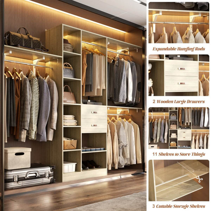 96'' Closet Organizer with 13 Shelves, DIY Closet System with Drawers and Hanging Rods