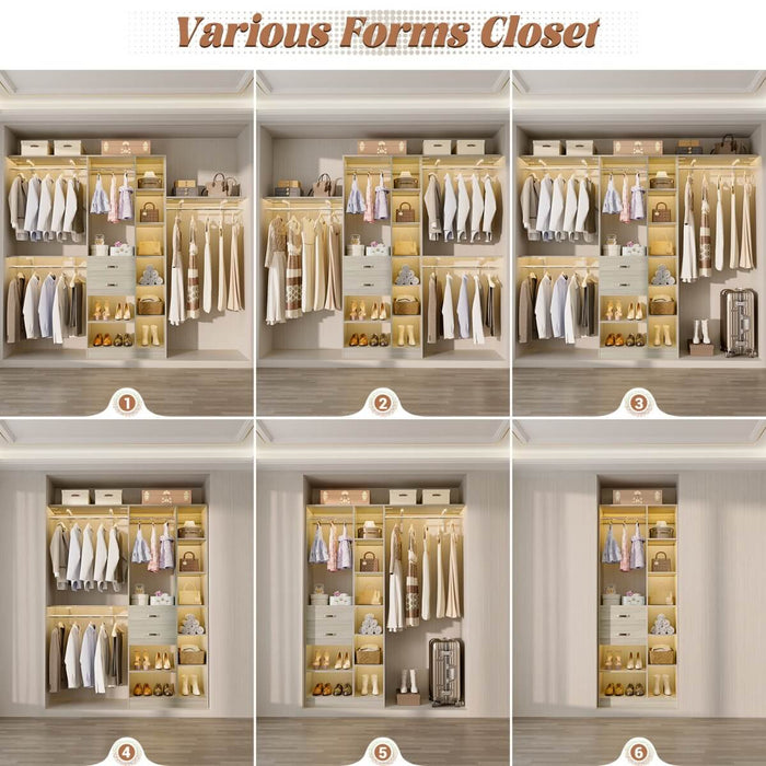 96'' Closet Organizer with 13 Shelves, DIY Closet System with Drawers and Hanging Rods