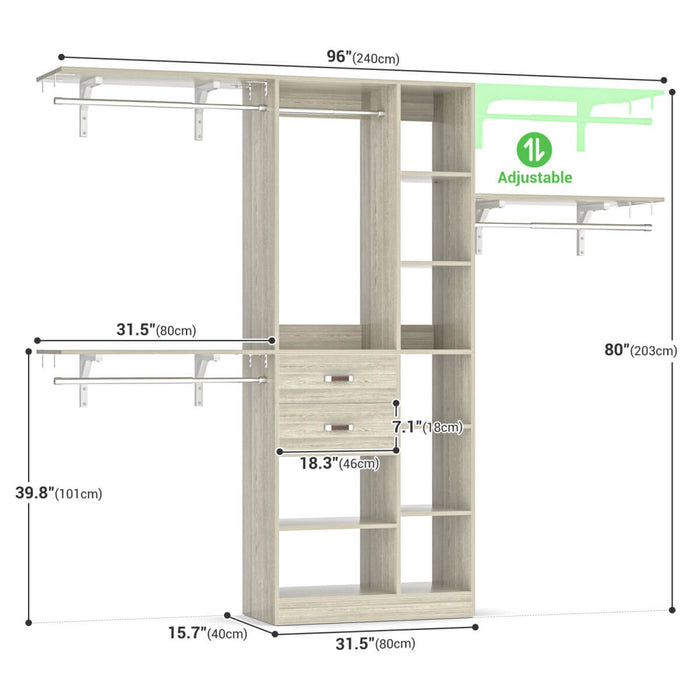 96'' Closet Organizer with 13 Shelves, DIY Closet System with Drawers and Hanging Rods
