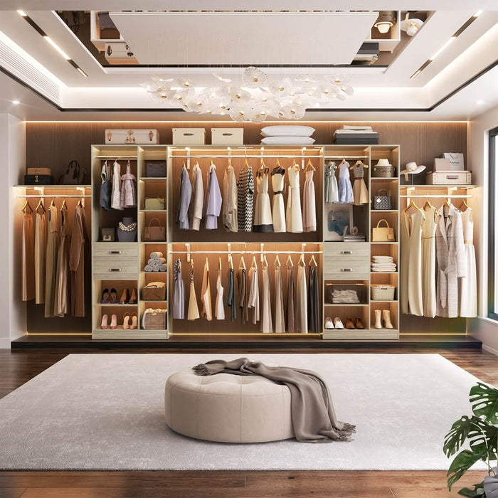 96'' Closet Organizer with 13 Shelves, DIY Closet System with Drawers and Hanging Rods