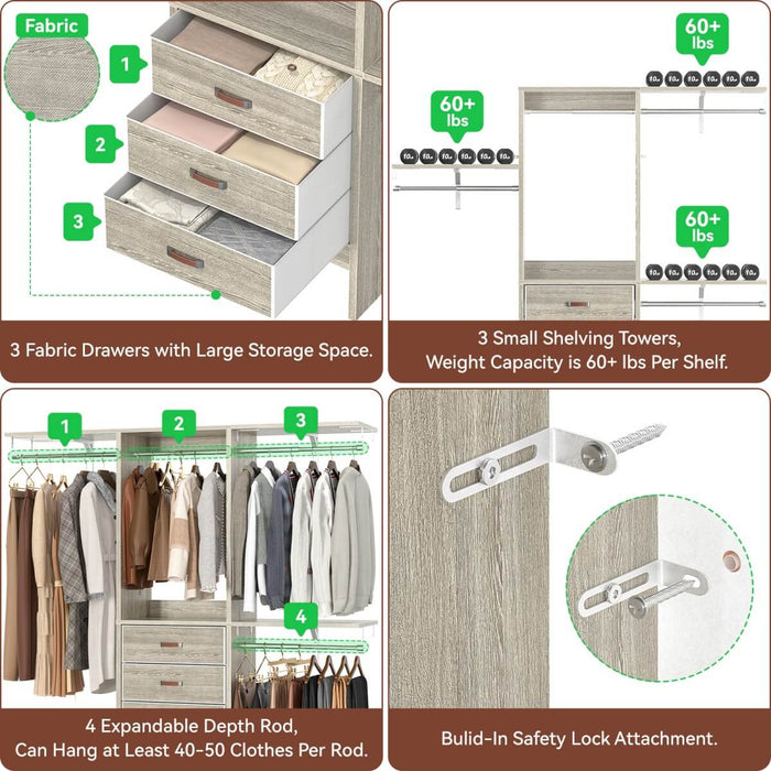 60'' Closet System with 3 Fabric Drawers