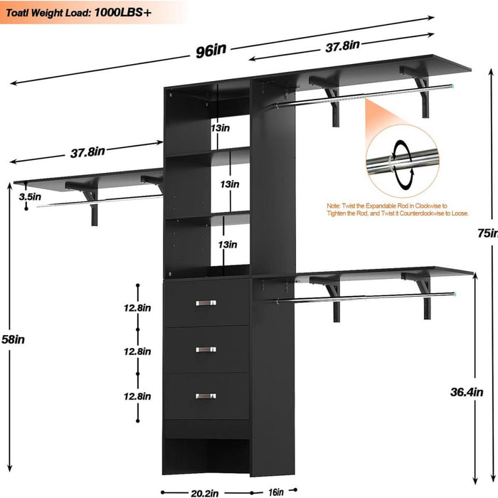 96'' Closet Organizer System with 3 Drawers and Shelf Towers